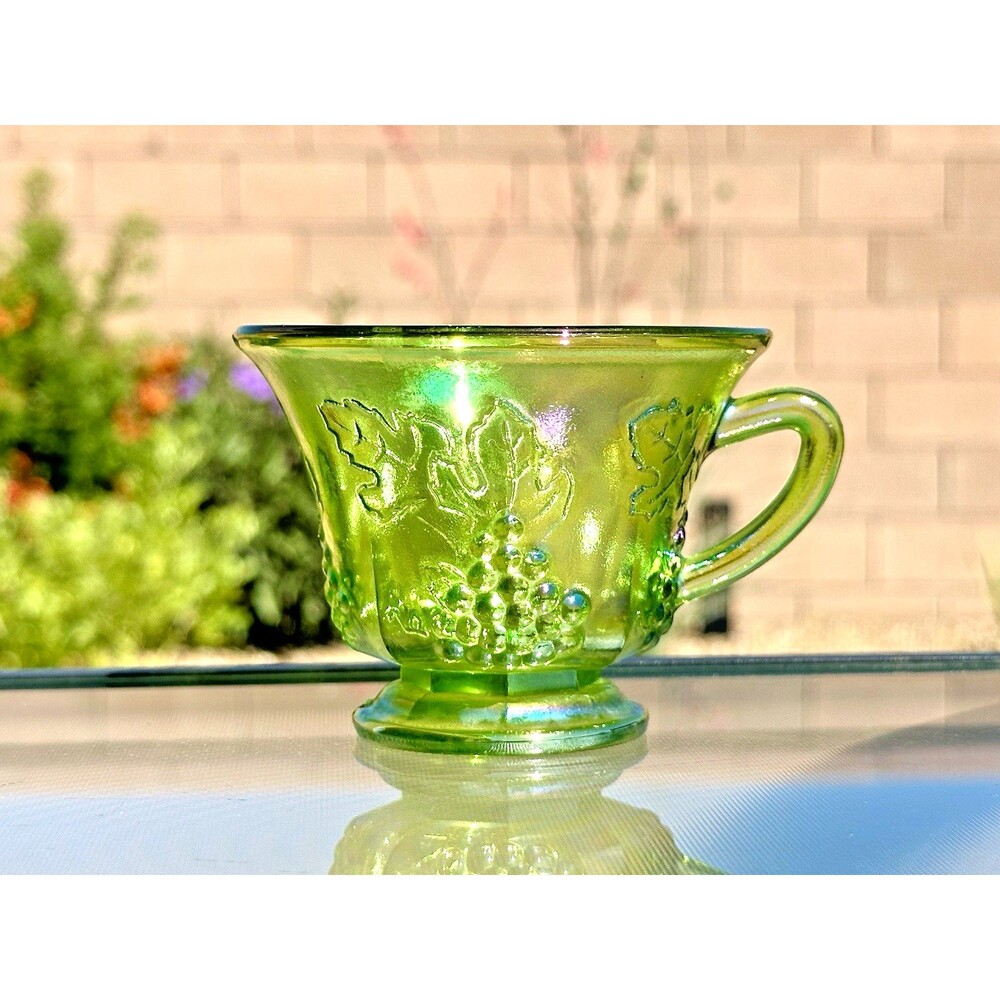 VTG Indiana Carnival Glass Punch Cup Iridescent Green Harvest Grape Embossed